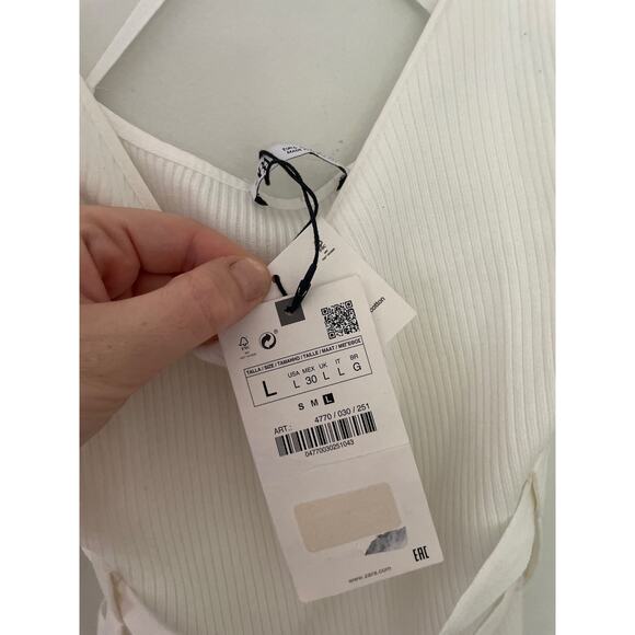NWT Zara Ribbed Midi Dress Large White Strappy Side Slit Belted Causal Neutral - Picture 10 of 13